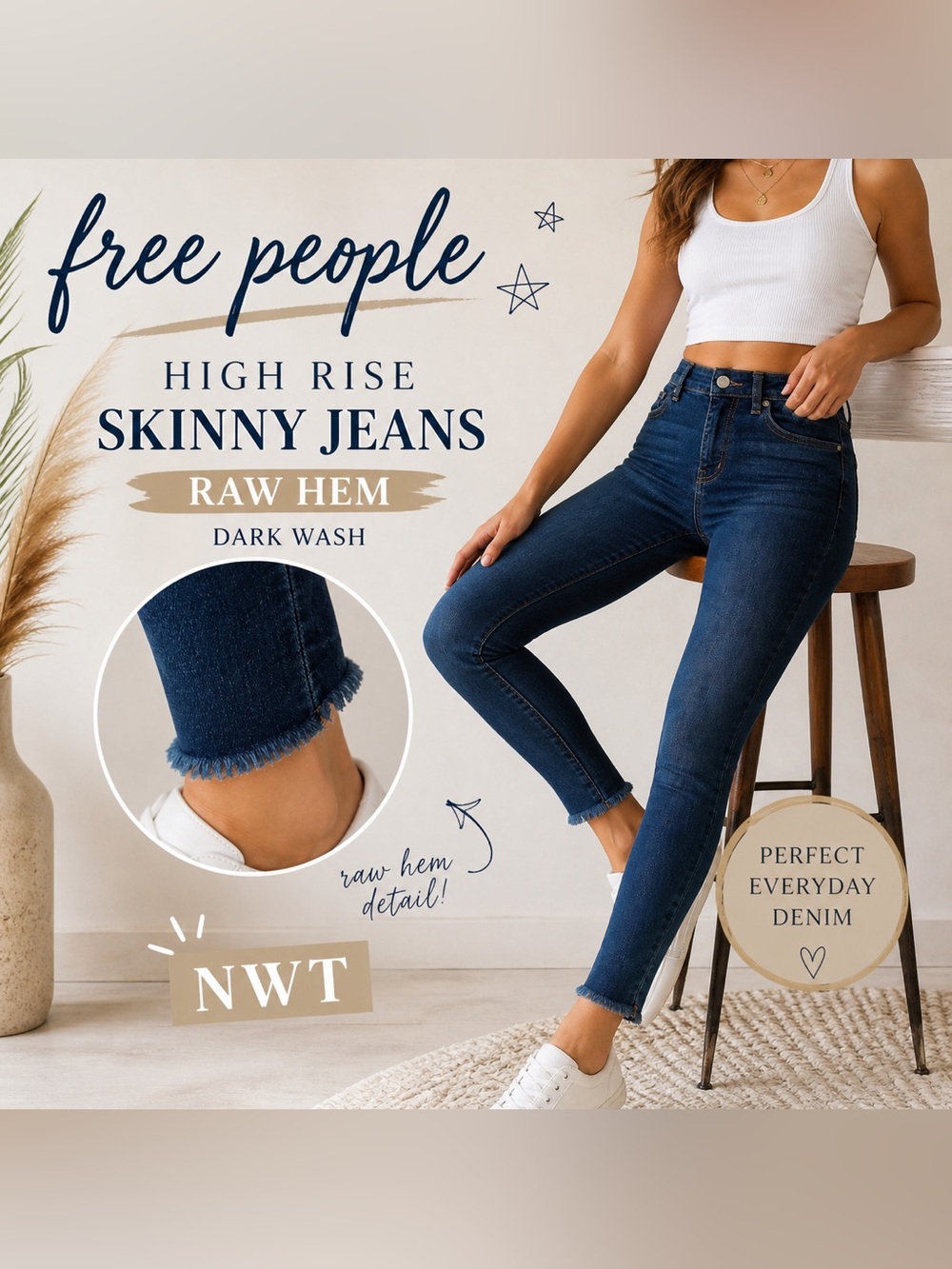 Free People High Rise Skinny Jeans Raw Hem Dark Wash Size 25 NWT Boho Denim